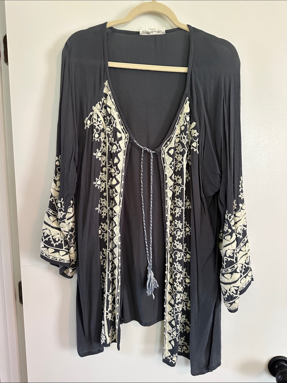 Black Embroidered V-Neck Tunic Top with Ivory Trim